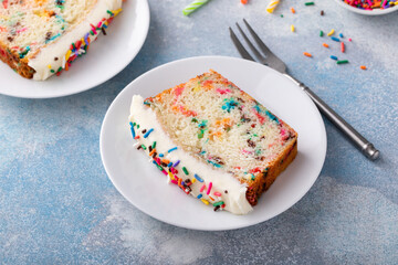 Birthday cake or funfetti cake with sprinkles and frosting