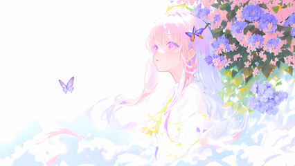 Naklejka na ściany i meble Una hermosa mujer con un vestido de boda parada junto a un árbol con flores mariposas volando, IA Generativa