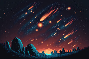 Bright meteors in the night sky. Shooting stars. A meteorites entered the Earth's atmosphere. Generative AI