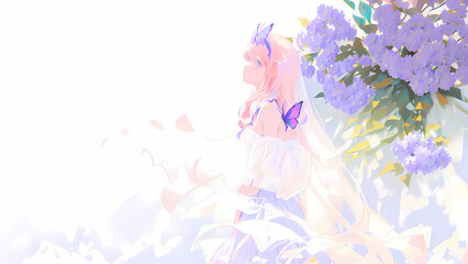 Obraz na płótnie Canvas Una hermosa mujer con un vestido de boda parada junto a un árbol con flores mariposas volando, IA Generativa