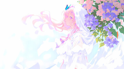 Una hermosa mujer con un vestido de boda parada junto a un árbol con flores mariposas volando, IA Generativa