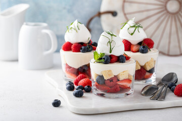 Berry pound cake trifle with cream cheese mousse and whipped cream