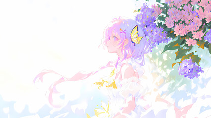 Obraz na płótnie Canvas Una hermosa mujer con un vestido de boda parada junto a un árbol con flores mariposas volando, IA Generativa