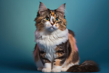 Front view of a fluffy cat facing the camera against a blue background. Young calico or torbie cat with long hair sitting in front of a colored background with copy space. female kitten aged 10 months - obrazy, fototapety, plakaty