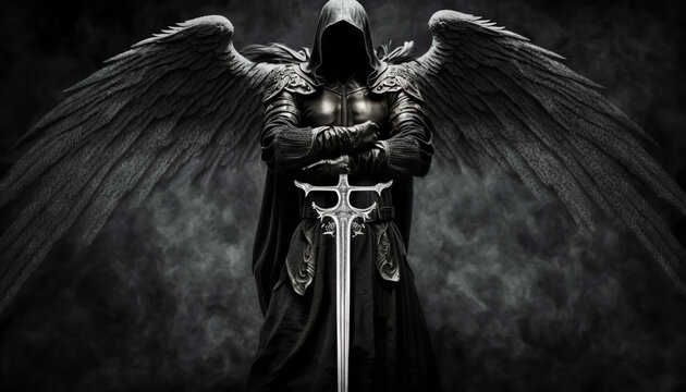 Dark warrior angel with medieval sword. fantasy background. digital ai art