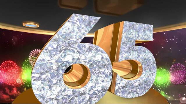 65th anniversary animation in gold and diamonds with fireworks background, 
Animated 65 years anniversary Wishes in 4K
