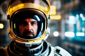 Close Portrait of Astronaut in Standing In a Futuristic Cyberpunk Metropolis Generative AI Photo