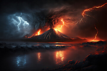 Beautiful Vulcan eruption, Vulkan thunderstorm, Storm, Lightning bolt, river