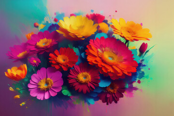 A Bouquet of Radiant Paint Splattered Flowers Generative AI Art Illustration