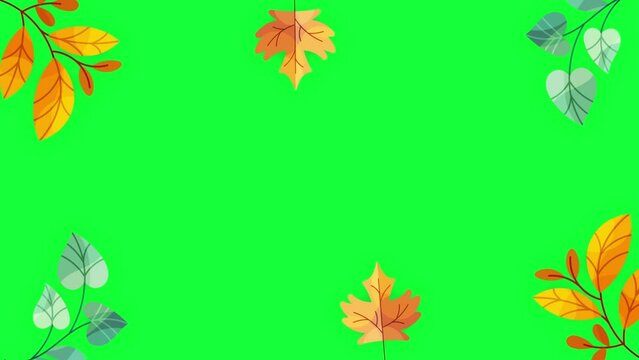 Autumn and spring frame animation on a green screen. Autumn and spring leaves frame with key color.  Illustration, Cartoon leaf frame. Chroma color.