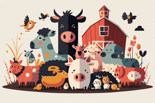 Farm Animals Cartoon Vector, Cute Farm Animals Illustration, Colorful Abstract Art, Child Art, Minimalistic Design, Farm Animals in front of Red Barn, Web, Poster, Print
