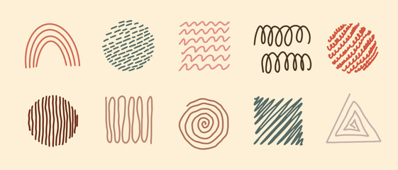Set of hand drawn lines pattern doodle style round shapes isolated on cream background Pro Vector