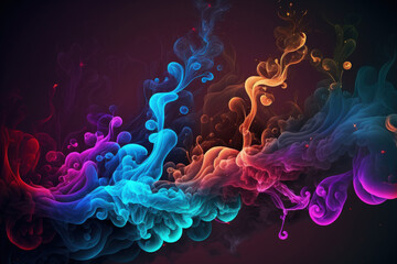Smoke in the background is highlighted by neon lighting in various colors. cloudy brilliant abstraction. Mystic odor vibrant steam against a dark background. Fantasy smoke pattern. Generative AI