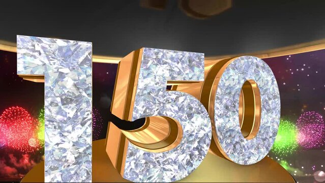 150th anniversary animation in gold and diamonds with fireworks background, 
Animated 150 years anniversary Wishes in 4K