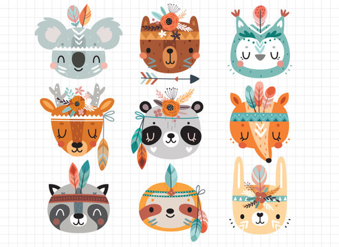 Cute American Indian animals - rabbit, deer, koala, fox, bear, panda, raccoon, owl, sloth Childish characters for your design.