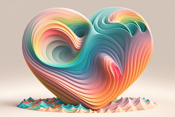 Heart love colorful and vibrant illustration with rainbow pastel colors swirled together with concentric lines, on a light background