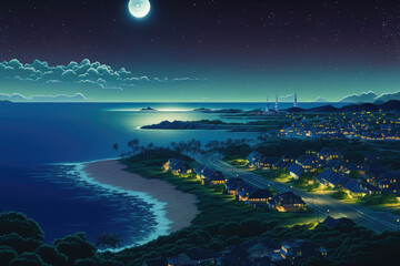 Stunning view of the alignment of Venus, Jupiter, and the moon in the night sky. an early morning aerial picture of a seaside city. Iriomote Island is a protected natural area. Generative AI