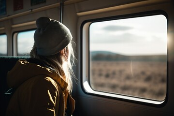 Woman on a train looking through the window, travel concept, chasing her dreams, generative AI