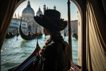 woman in a gondola rides in Venice, travel in Italy, Generative AI - obrazy, fototapety, plakaty