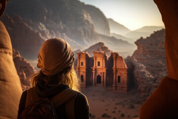Woman hicking in Petra, Jordan, ancient city, Generative AI - obrazy, fototapety, plakaty