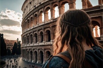 Woman traveler in Colliseum, hicking in Rome, tourism in Italy, Generative AI