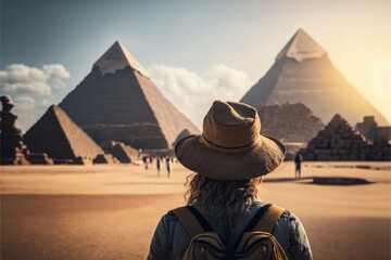 woman tourist in Giza pyramids, Cairo Egypt, Generative AI - obrazy, fototapety, plakaty