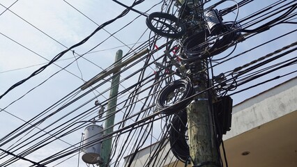 Dense and extremely chaotic electric wire clusters that supply power to the streets of the city of Granada, Nicaragua.  