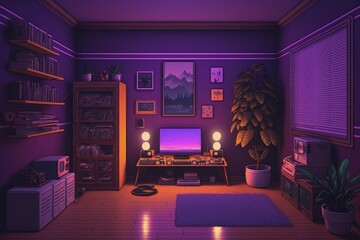 lo-fi living room, chill, manga, anime, vintage, Generative AI