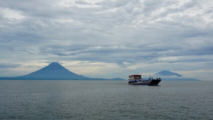 Ferry leaving the volcanic island of Ometepe on Lake Nicaragua.
