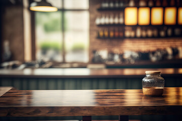 Fototapeta na wymiar a wooden table that is empty against a hazy restaurant and café background. Generative AI
