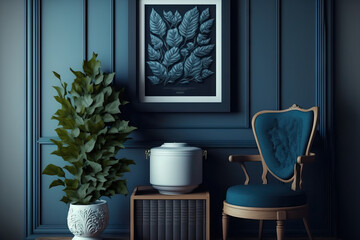 An elegant living room with a faux poster frame. wooden toilet with books and a leaf in a vase made of ceramic. minimalist design idea for the home. a high caliber. Generative AI