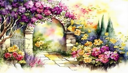 Home garden with flowers and trees, colorful art watercolor. Generative AI