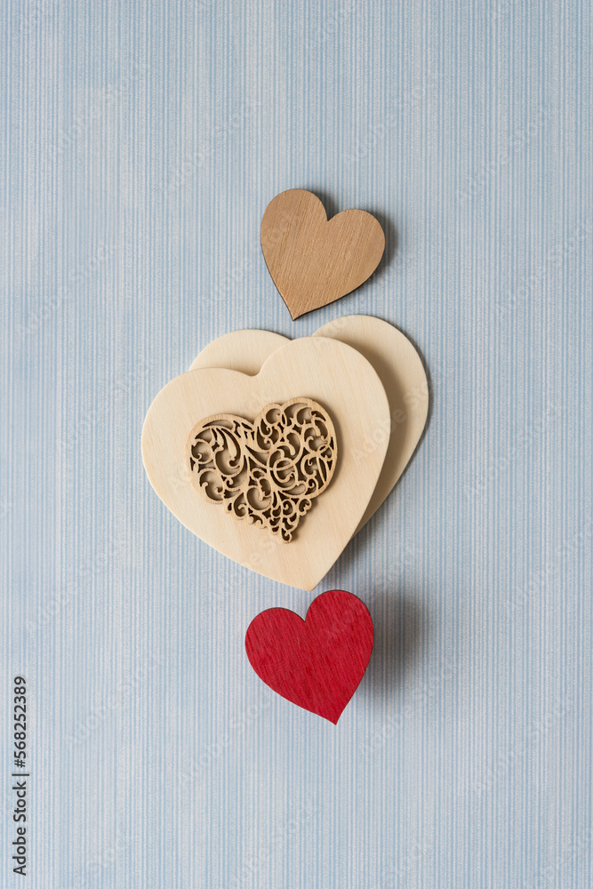 Poster isolated decorative wooden hearts on paper