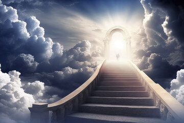 A serene heavenly background with a stairway to heaven, a light from above, and beautiful skies. Generative AI