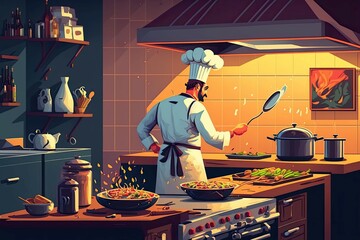 Chef cooking in a kitchen, comic book drawing, generative ai