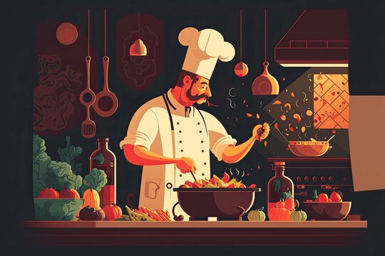 Chef cooking in a kitchen, comic book drawing, generative ai