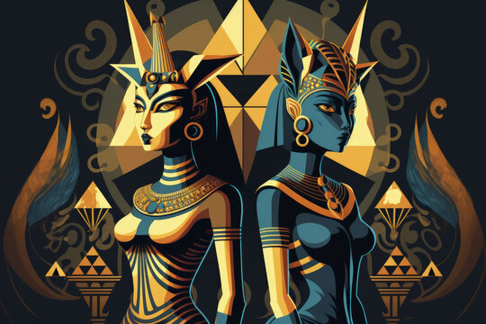 Egyptian abstract backdrop, the Egyptian goddesses Bastet and Cleopatra, and a dark, abstract background with pyramids. Generative AI