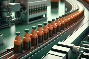 Bottles on a conveyor belt in a beverage plant during the manufacture of food and beverages. Generative AI