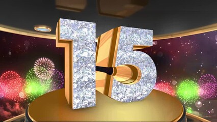 15th birthday animation in gold and diamonds with fireworks background, 
Animated 15 years Birthday Wishes in 4K