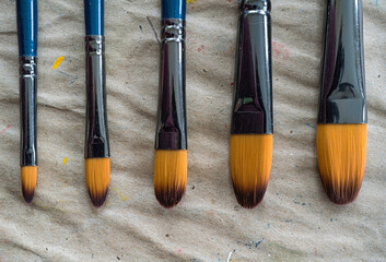 A selection of filbert tipped artist's paint brushes. - 568253701
