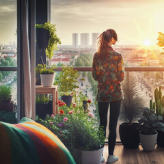 Modern penthouse balkony with woman looking down to the city, generative ai