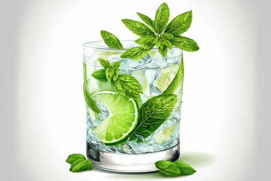 Mojito cocktail with ice and mint, perfect for summer. Generative AI