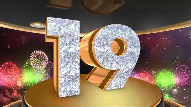 19th birthday animation in gold and diamonds with fireworks background, 
Animated 19 years Birthday Wishes in 4K 