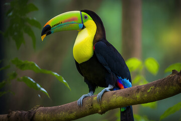 Naklejka premium Keel billed Toucan, Ramphastos sulfuratus, large billed bird, Boca Tapada, Costa Rica, perched on a branch in the forest. Central American travel to natural areas. Generative AI