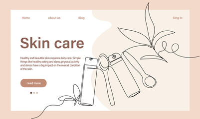 Skin care concept. Landing page template. Morning routine. Bath time. Organic products for scrubbing and body skin care with natural herbal skin care products, top view. Vector illustration