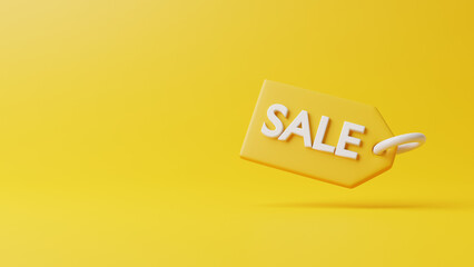 Price tag, label, discount coupon with inscription sale on yellow background. 3D rendering illustration