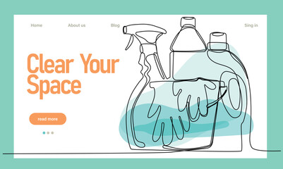 Home cleaning service landing page design concept, illustration of janitors with cleaning tools. Vector illustration