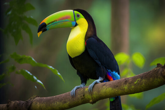 Keel billed Toucan, Ramphastos sulfuratus, large billed bird, Boca Tapada, Costa Rica, perched on a branch in the forest. Central American travel to natural areas. Generative AI