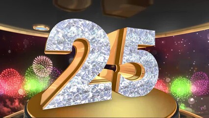 25th birthday animation in gold and diamonds with fireworks background, 
Animated 25 years Birthday Wishes in 4K 