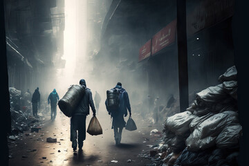 Fototapeta na wymiar Street pollution Unidentified pedestrians trudging among trash in filthy, polluted streets as trash and plastics fly across the city pavement. Generative AI